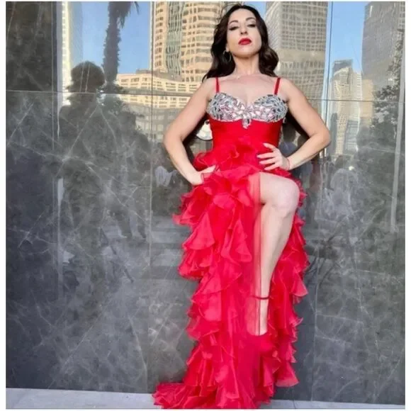 Womens Sherri Hill 2838 Red Organza Ornate Prom Holiday Ball Gown Dress - Size 8 - Picture 2 of 7